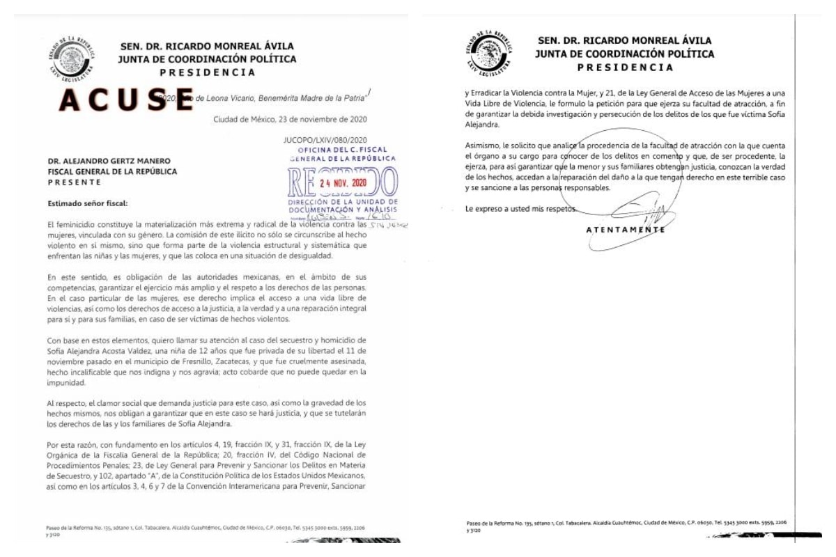 Para garantizar la debida investigación y persecución del delito, Ricardo Monreal fundamentó su petición citando la Ley Orgánica de la Fiscalía General de la República; el Código Nacional de Procedimientos Penales