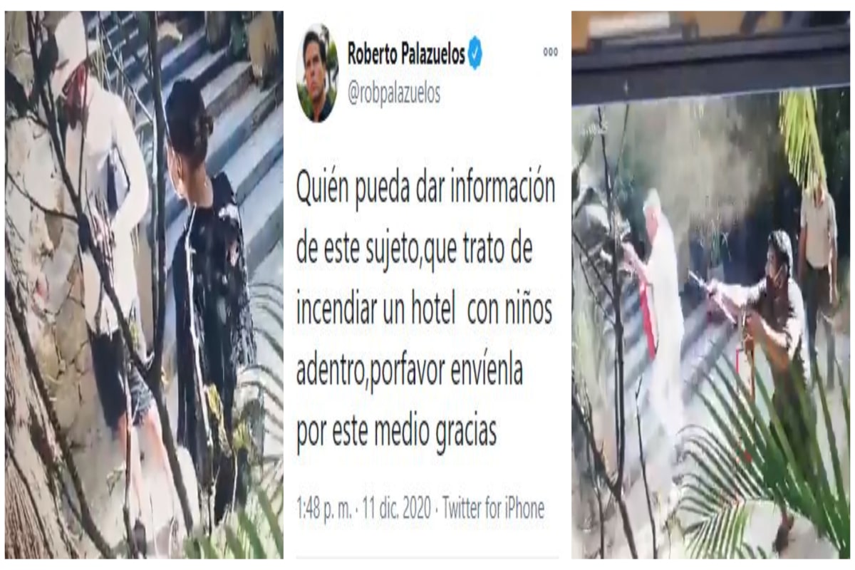 Cámaras captaron el momento en que un hombre prendió fuego a la paja de una pared del alojamiento conocido como Ahua, cuyo propietario es Roberto Palazuelos