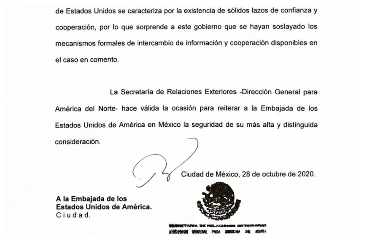 En noviembre, tras conversaciones con el fiscal estadounidense, William Barr, se logró que la fiscalía de ese país desestimara el cargo de narcotráfico contra el general, por lo que el caso fue cedido al gobierno mexicano