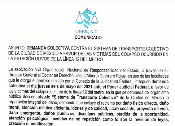 La organización presentó la demanda colectiva contra el Metro por los sucesos en la Línea 12.