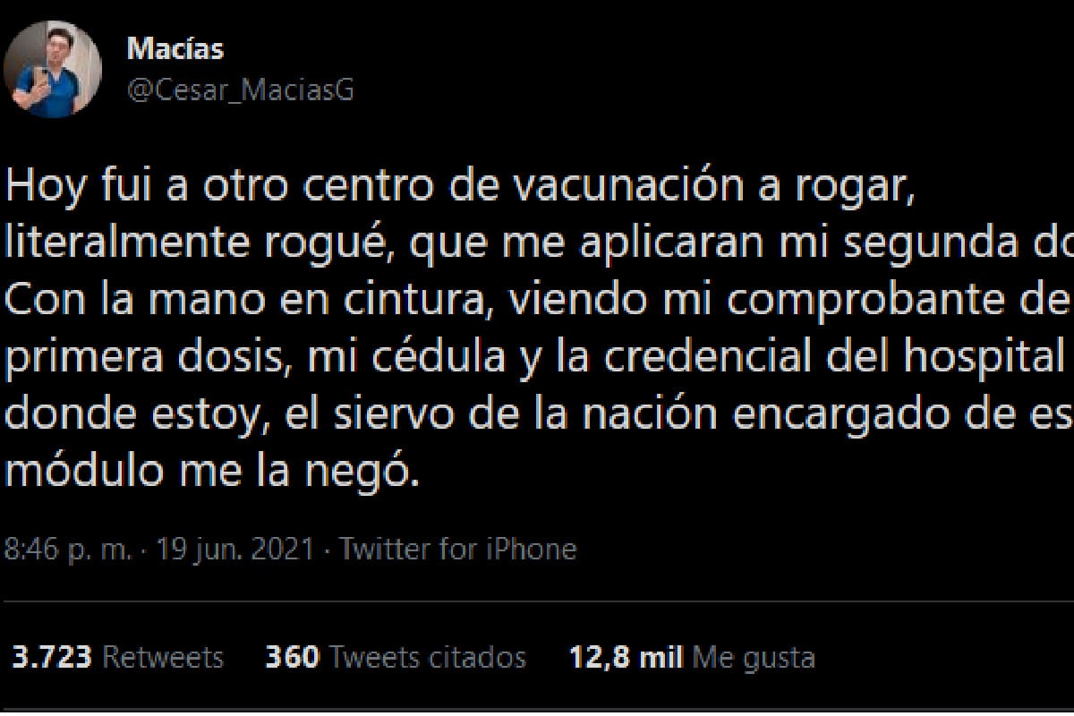 El doctor señaló que no se vacuna a personal privado por "orden de presidencia".