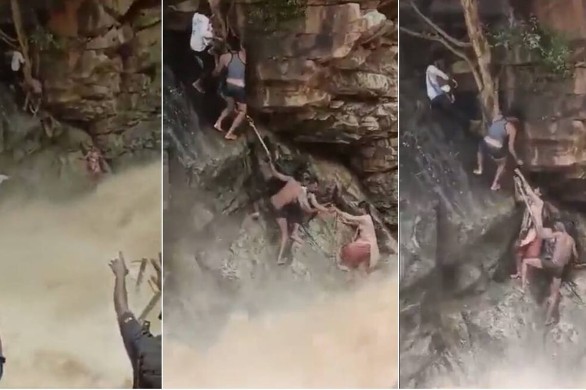 Foto: especial | La mujer y su bebé lograron ponerse a salvo de la fuerte corriente de la cascada.