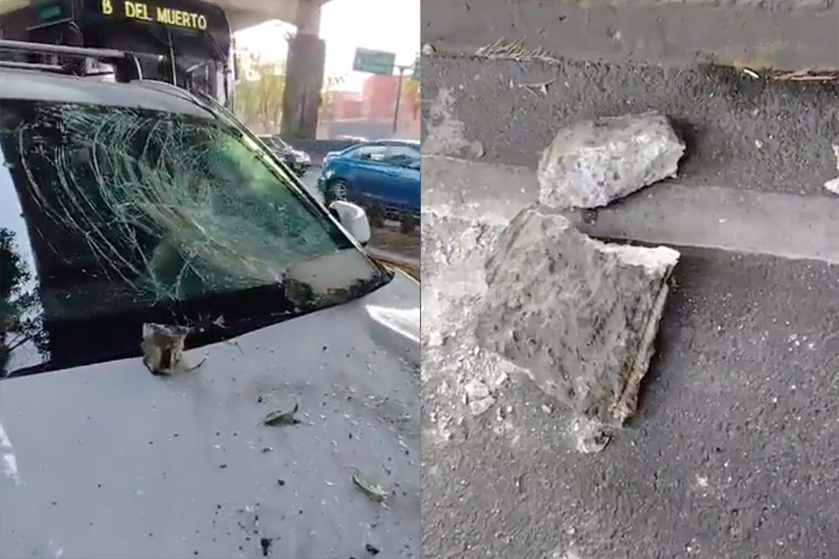 ¡Para sustito! Enorme piedra cae del segundo piso del Periférico y golpea camioneta 