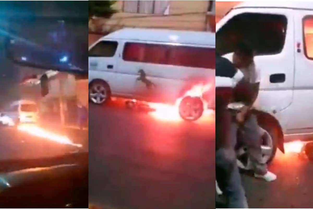 Foto: captura | La combi que arrastraba la moto terminó incendiada debido a la fricción con el asfalto.