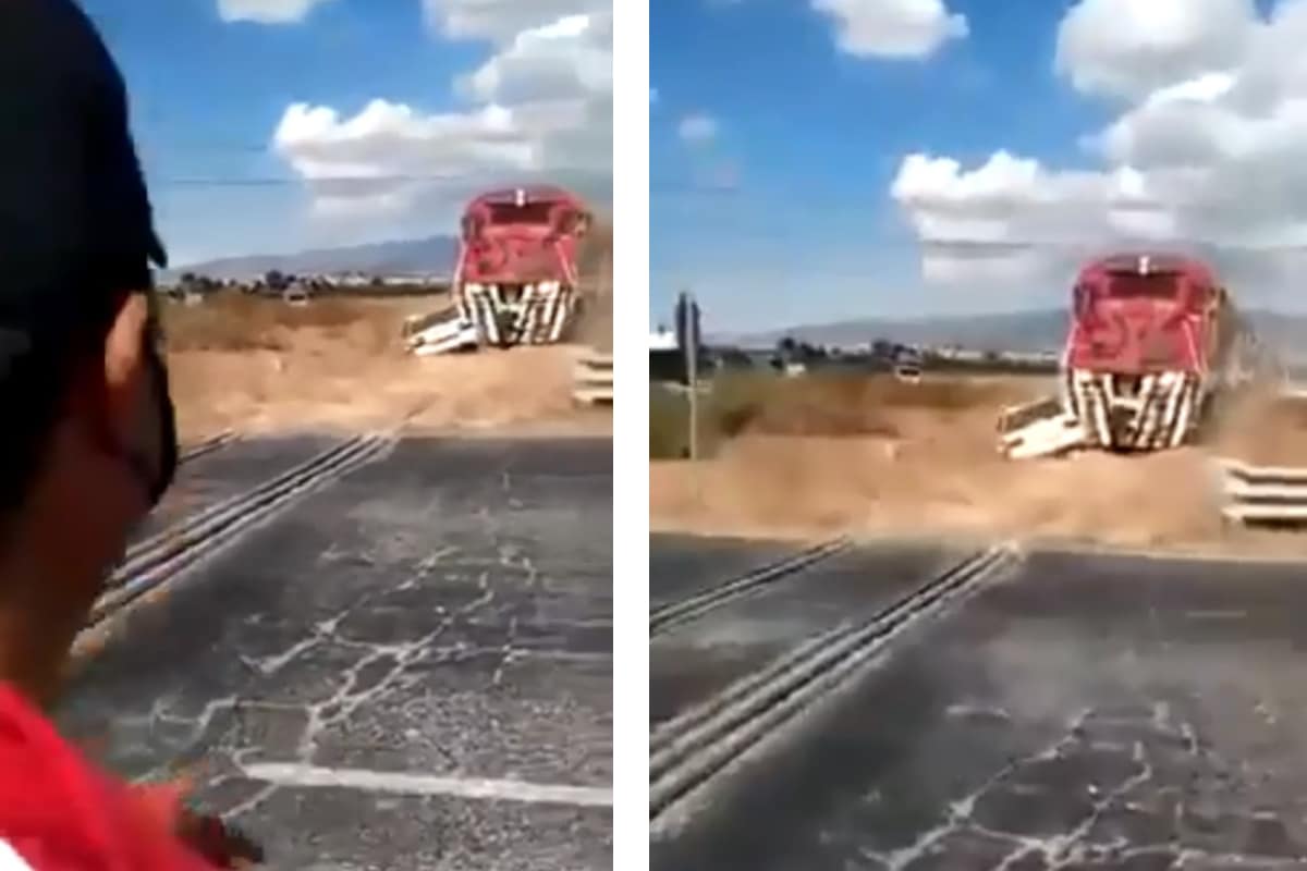 Foto: captura | Un taxi que circulaba por la roza terminó arrastrado por el tren al intentar ganarle el paso.