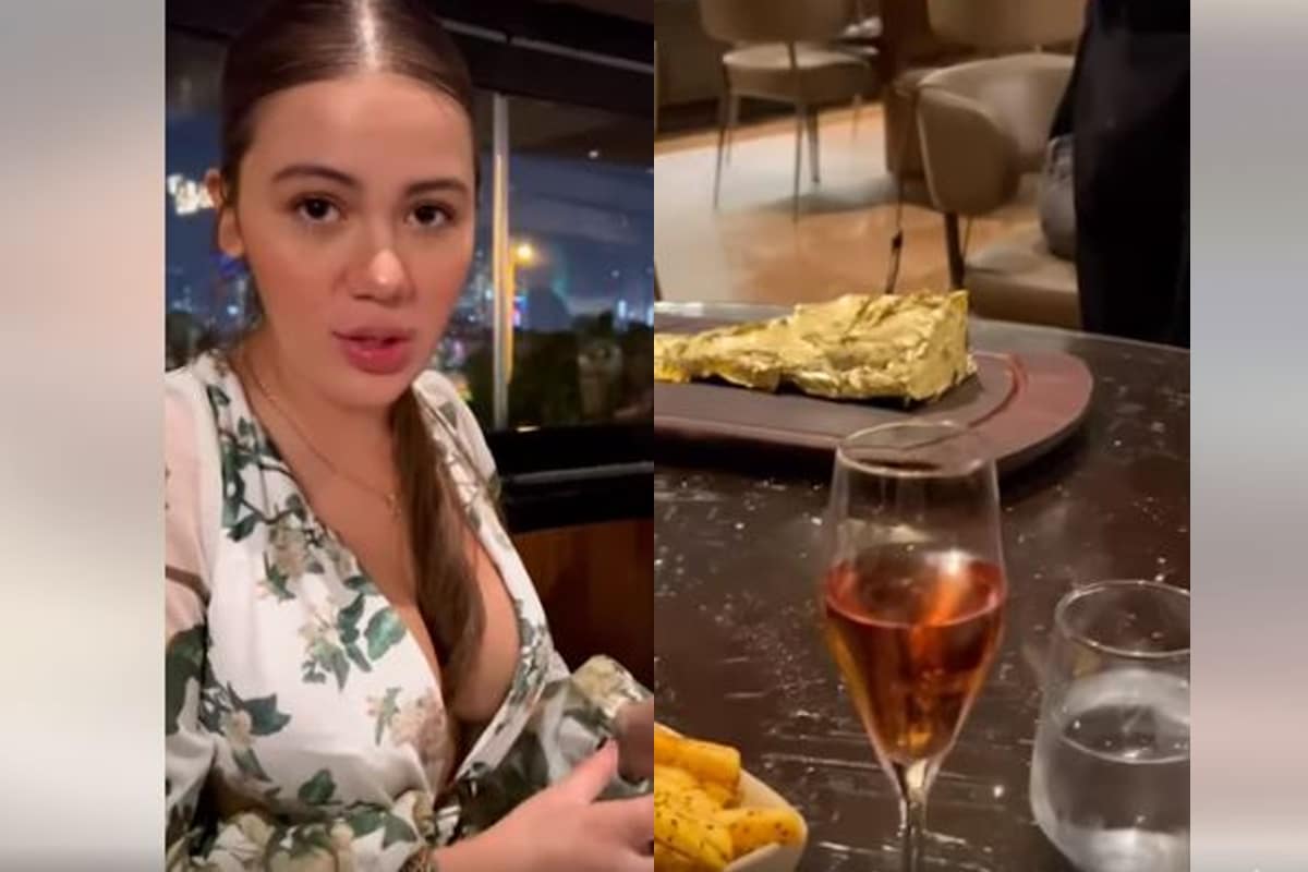 Foto: captura | La modelo de OnlyFans compartió su lujosa cena en la que comió un corte de carne y un helado bañados en oro.