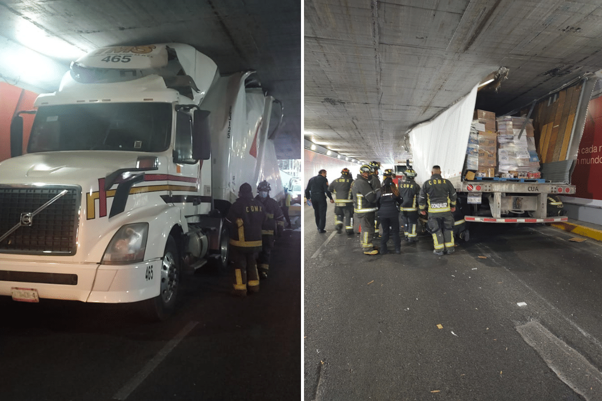 Foto: Especial | Un tráiler que transportaba 14 toneladas de abarrotes quedó atorado en un bajo puente de Viaducto e Insurgentes al rebasar la altura permitida