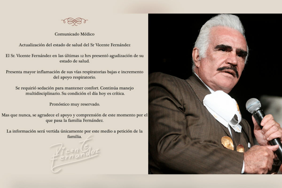 Foto: Instagram@_vicentefdez / Redes | El comunicado informa que Vicente Fernández tuvo que ser sedado para mantener su confort