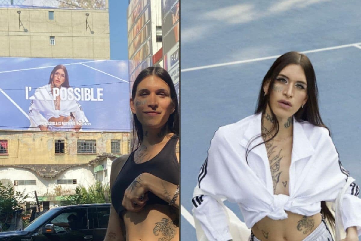 Foto: Twitter/@LaGuapiss|Mujer transgénero feliz por ver su espectacular de Adidas en las calles