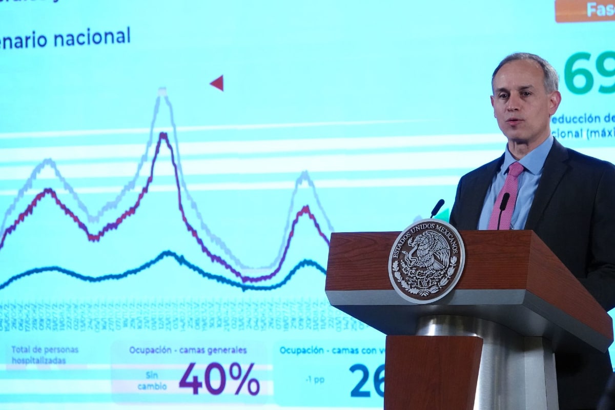 Hugo López-Gatell en conferencia matutina desde Palacio Nacional.