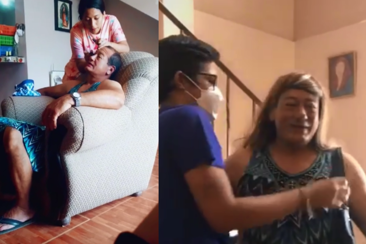 Foto: TikTok / @patumendooza | Papá se disfraza de su esposa fallecida para que sus hijos abracen a su mamá en su día