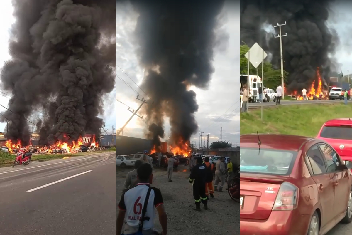 Choque de tráiler calcina una decena de autos en carretera Coatzacoalcos.