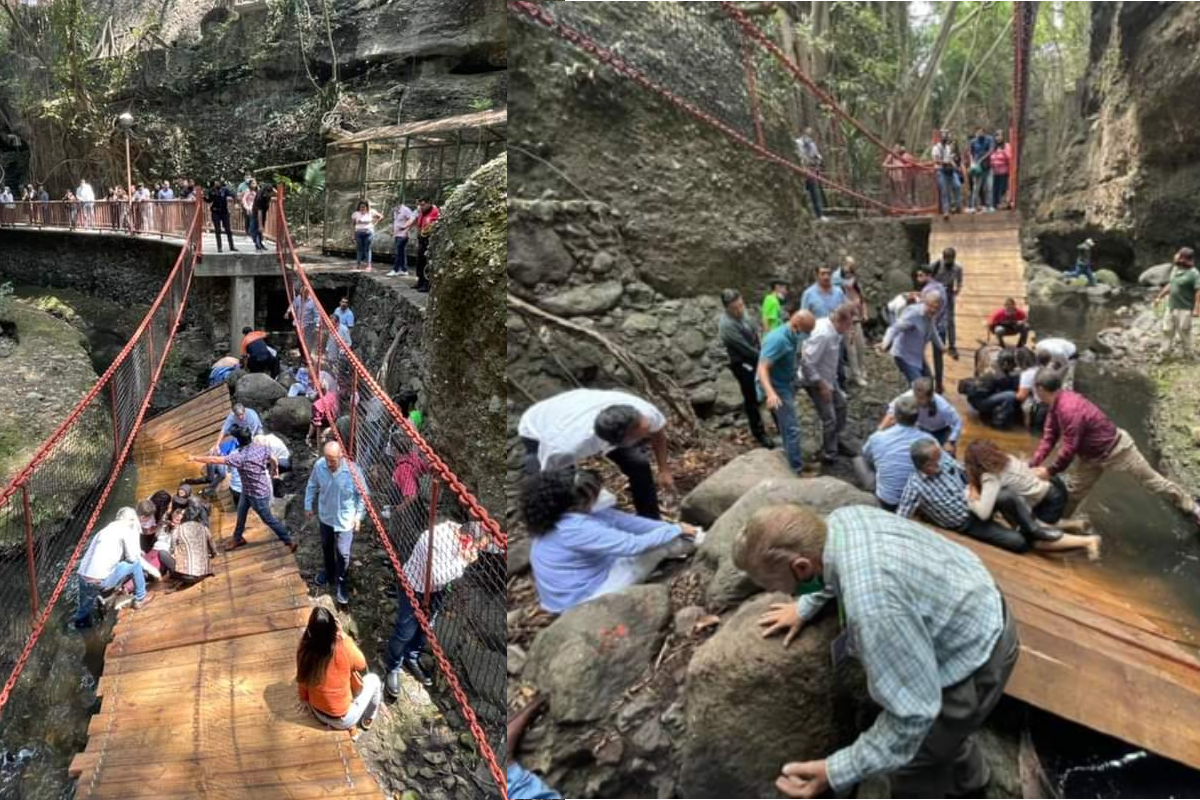 Se desploma puente colgante en inauguración.