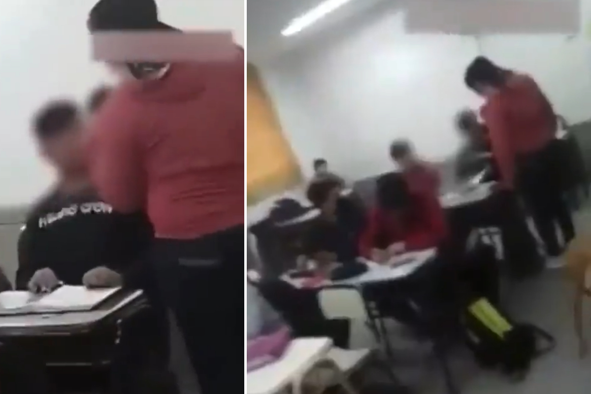 Con cachetadas, madre reclama a alumno por supuesto caso de bullying.