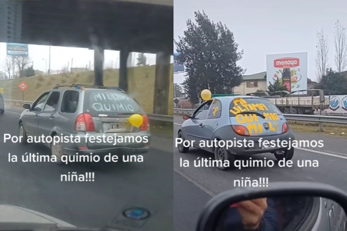 Foto:Captura pantalla|"Mi última quimio" Con caravana de autos festejan que una niña venció al cáncer