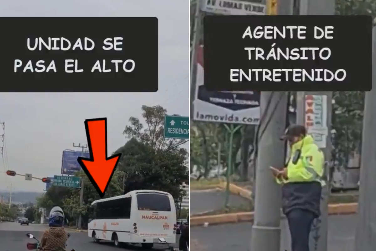 Autobús ignora un alto... mientras policía revisa su celular.