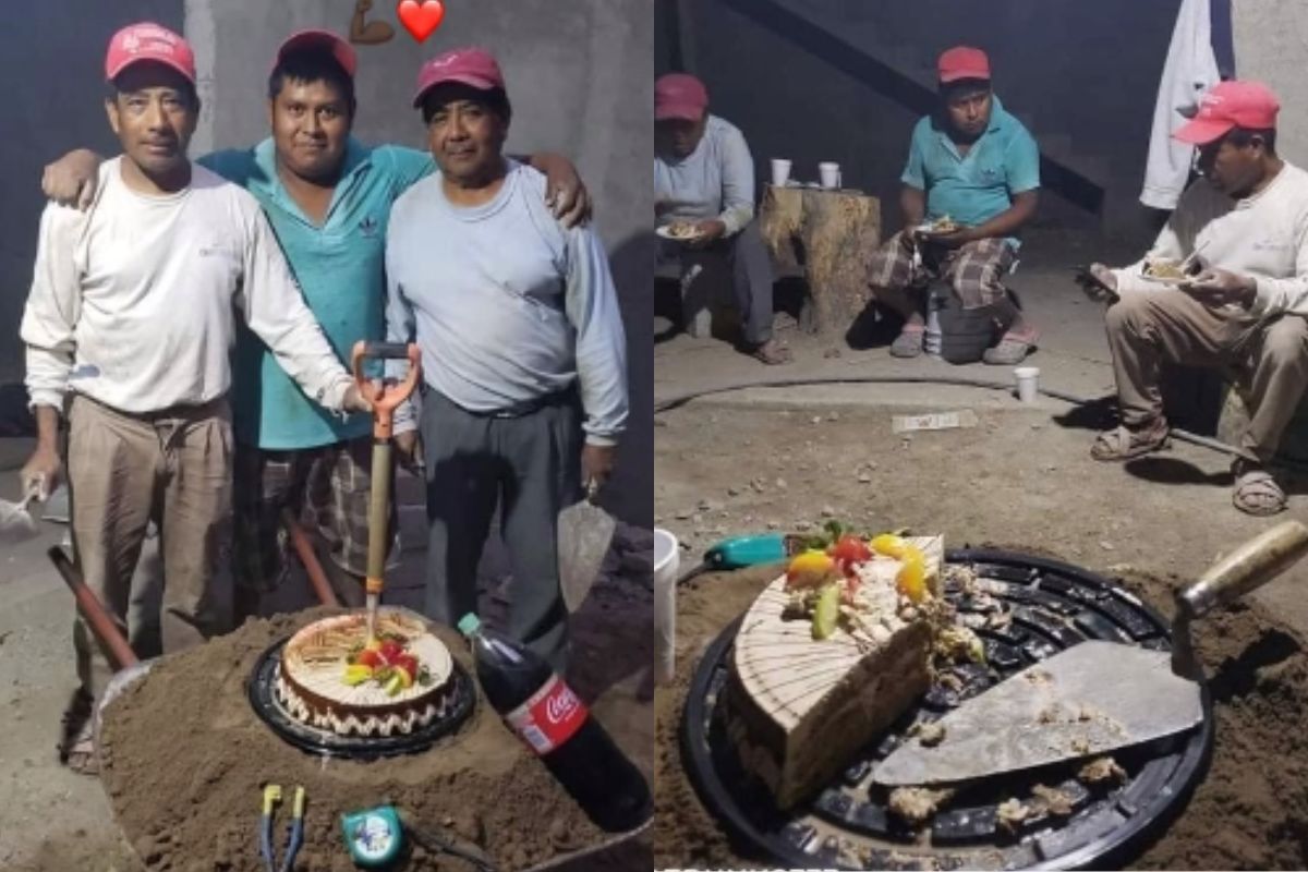 Foto:Captura de pantalla|¡Amistad es amigo! Con espátula y carreta albañiles celebran el cumple de su amigo