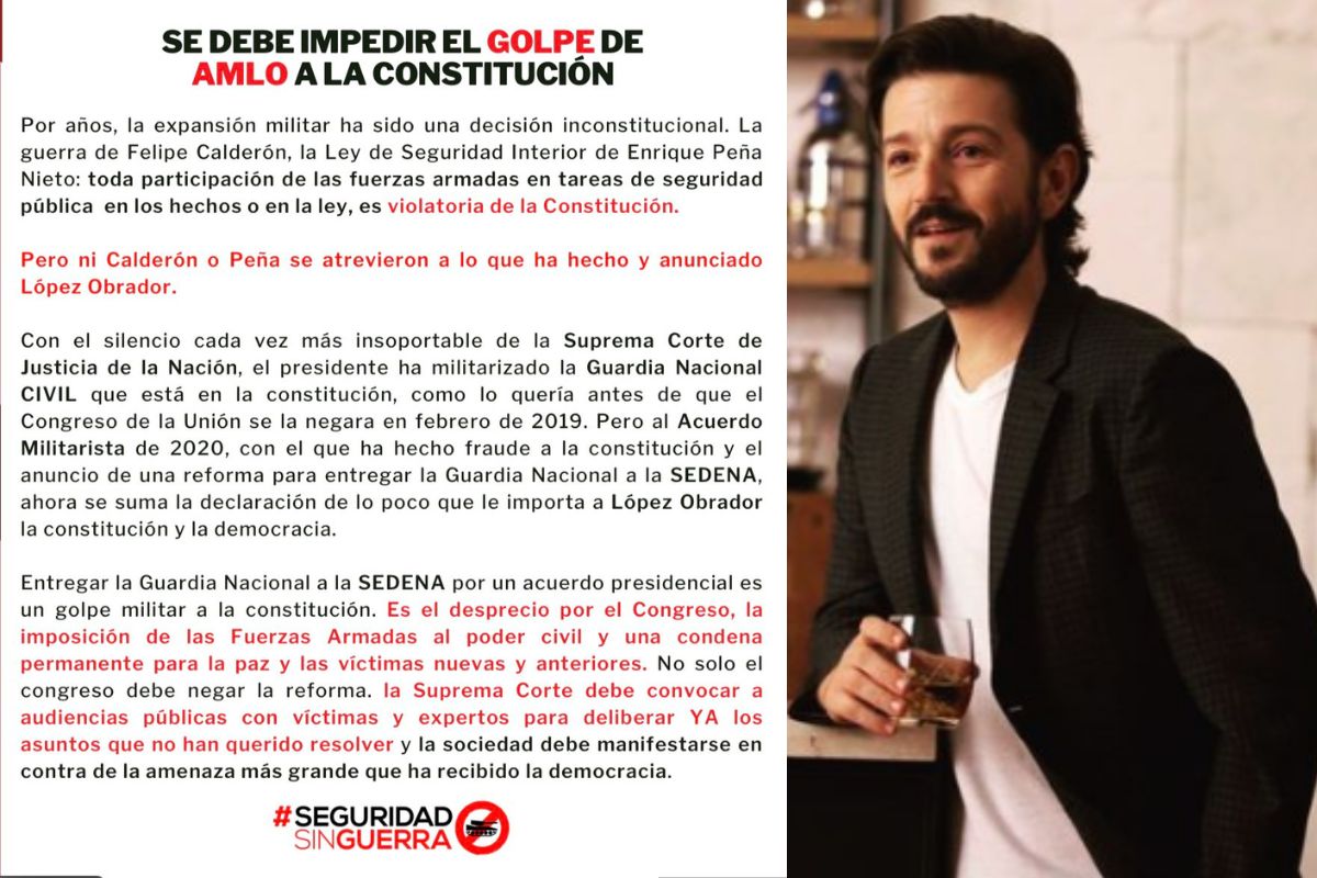 Foto:Instagram y Twitter/@diegoluna_|Diego Luna: Entregar la Guardia Nacional al Ejército es un golpe militar a la Constitución