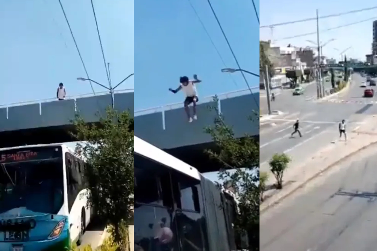 Joven salta desde puente al techo de un autobús en movimiento.