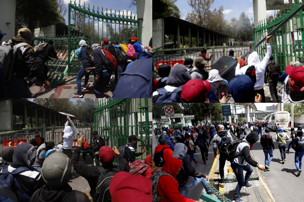 La policía militar del Campo Militar 1 utilizó un cañón de agua para dispersar a estudiantes de Ayotzinapa.