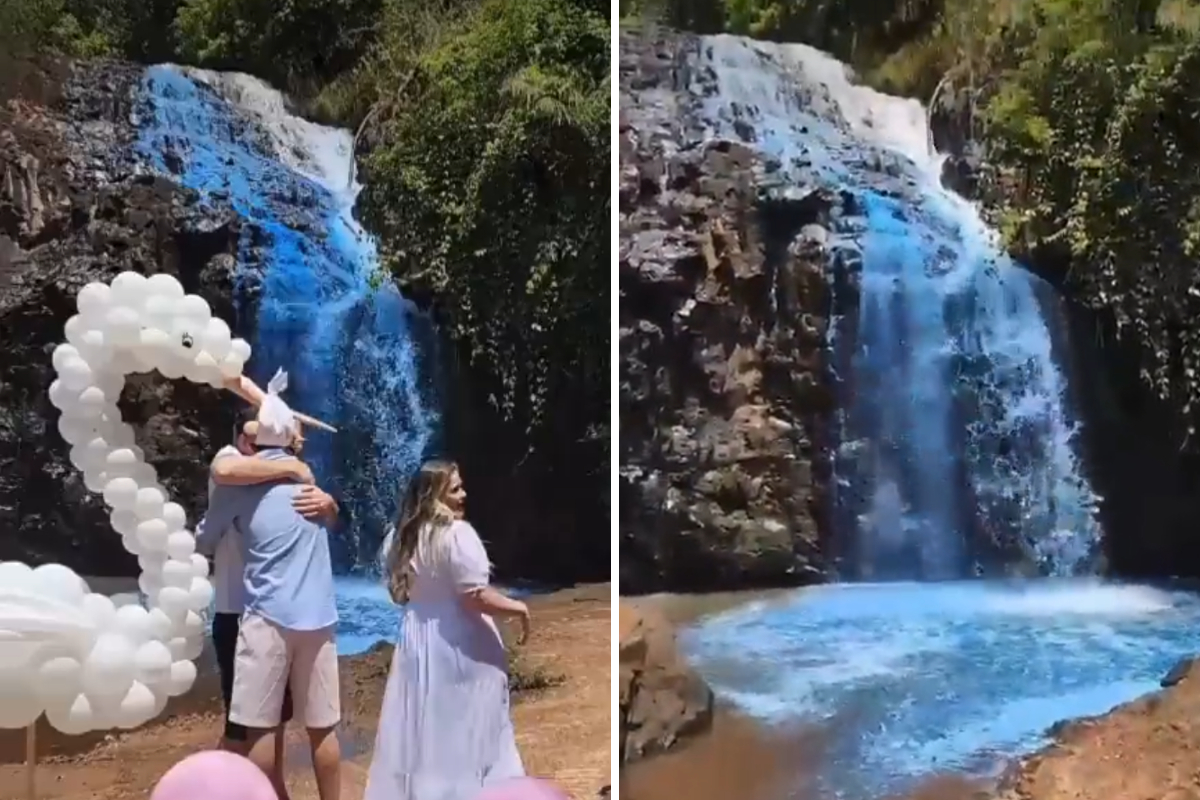 Pareja tiñe el agua de una cascada para revelar el sexo de su bebé.