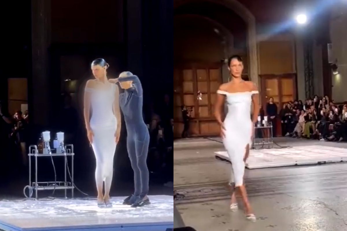 Foto:Captura de pantalla|¡Insólito! Bella Hadid sorprendió con su vestido hecho con aerosol en plena pasarela en París