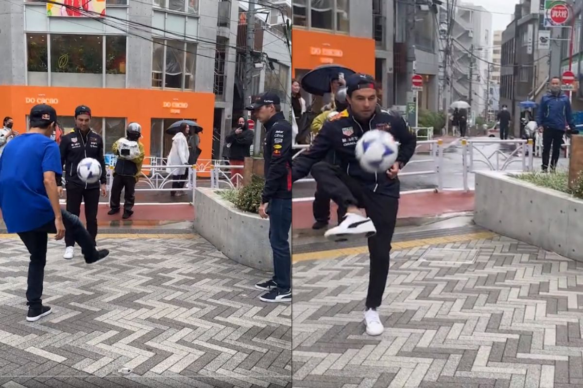 Foto:Captura de pantalla|¡Pamboleros! Captan a “Checo” Pérez y a Verstappen dominando el balón de futbol