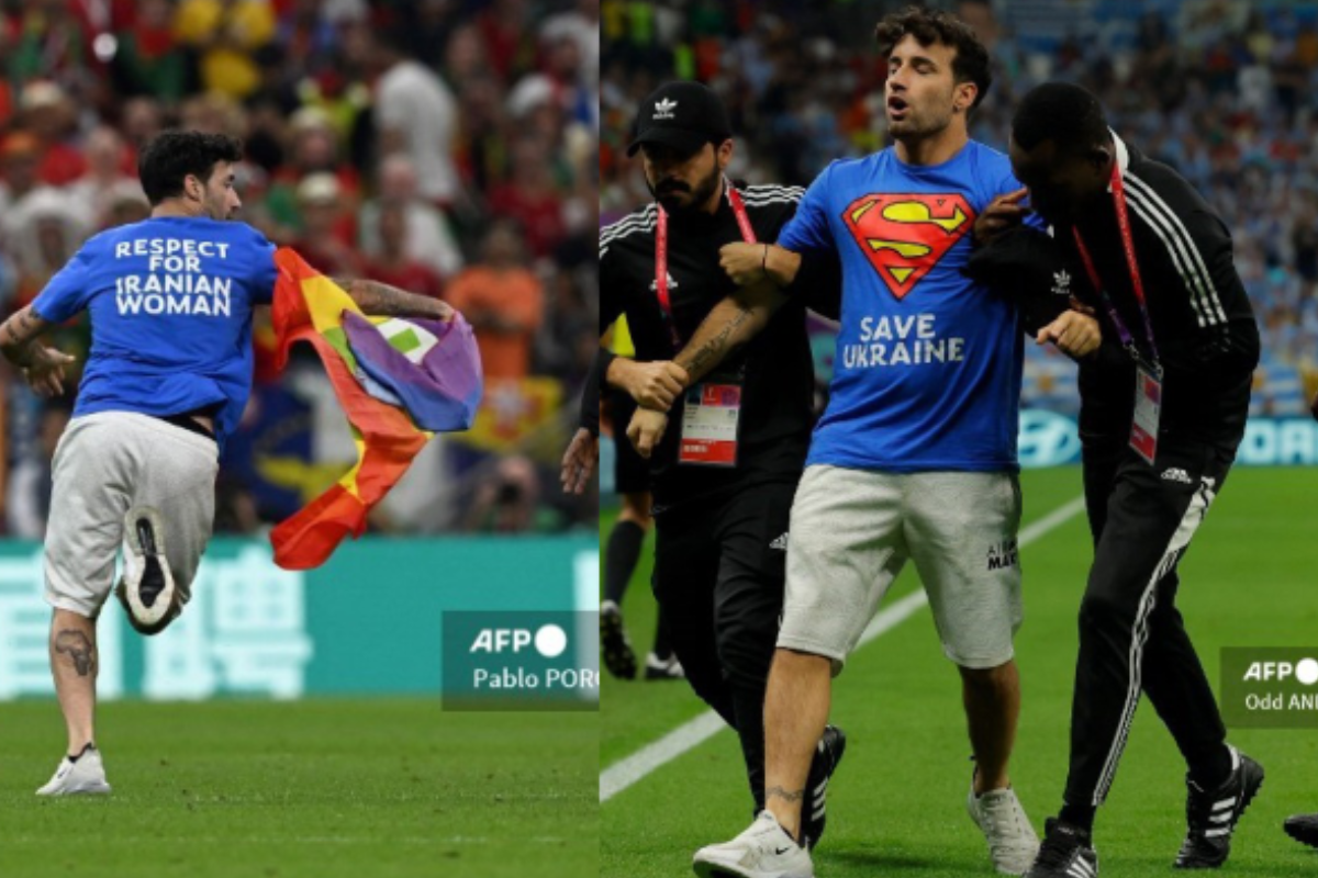 Foto: AFP | Hombre entra al partido Portugal-Uruguay con bandera LGBTIQ+ y mensaje de apoyo a mujeres en Irán