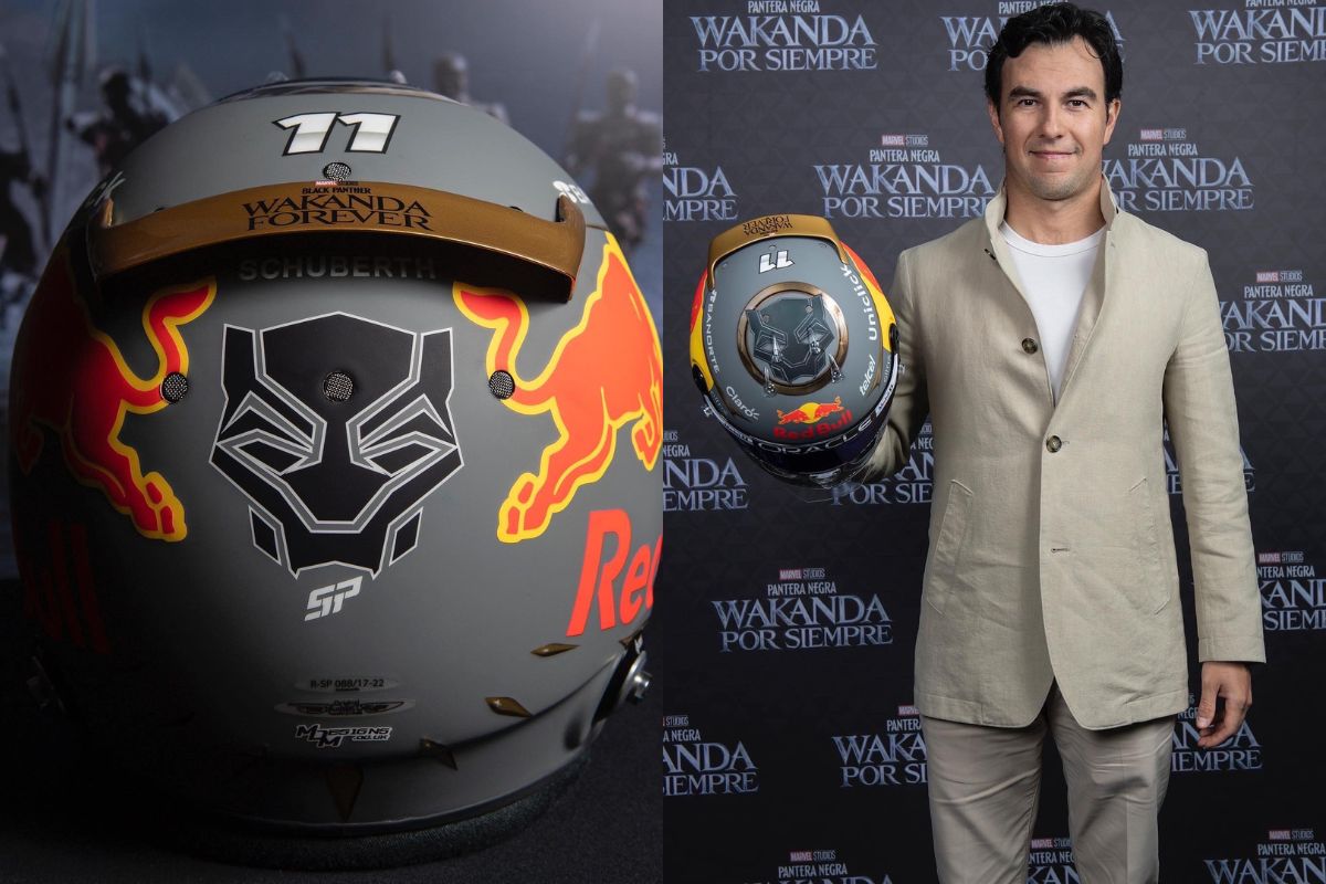 Foto:Twitter/@SChecoPerez|Checo Pérez presume casco para el GP de Brasil inspirado en “Black Panther: Wakanda Forever”