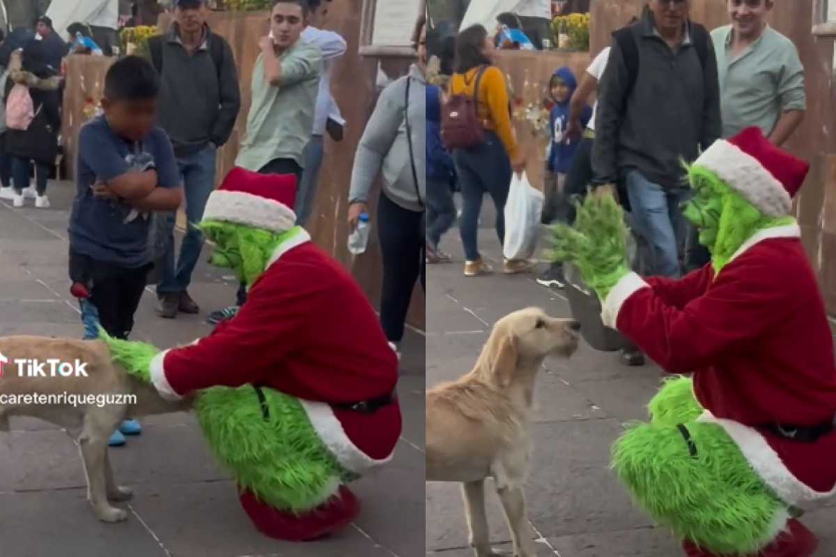 Hombre disfrazado del Grinch se enoja con un niño que le pide una foto