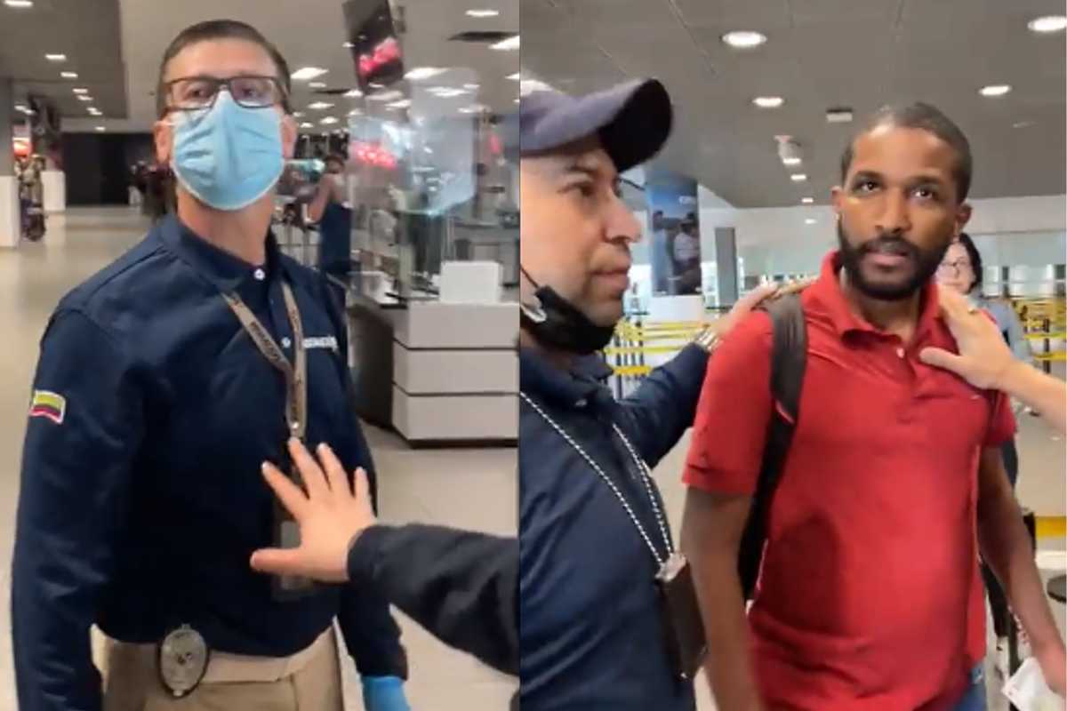 Funcionario de migración le da una patada a un hombre en el aeropuerto "El Dorado" en Bogotá , Colombia.