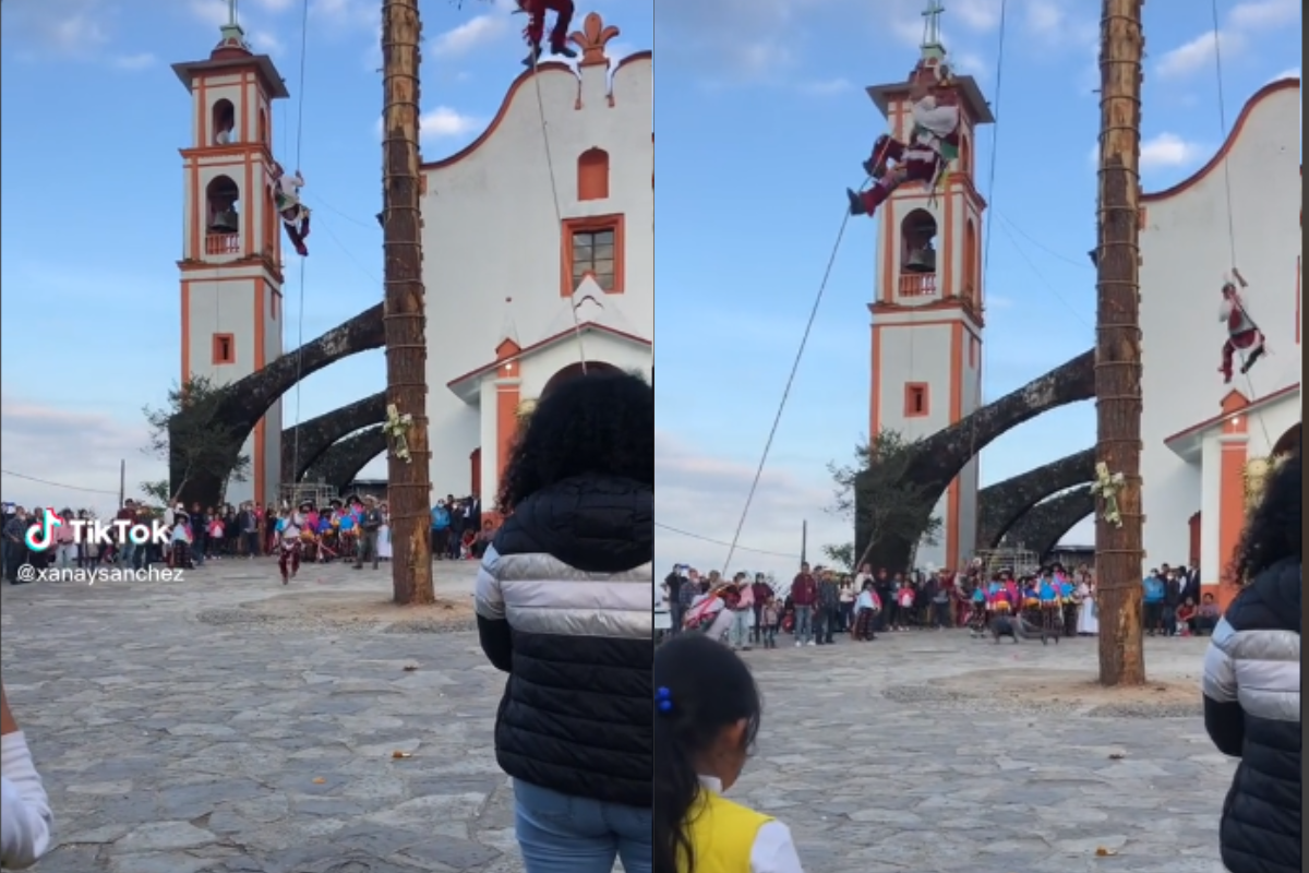 Foto:Captura de pantalla|VIDEO: Volador de Papantla “arrolla” a espectador al aterrizar