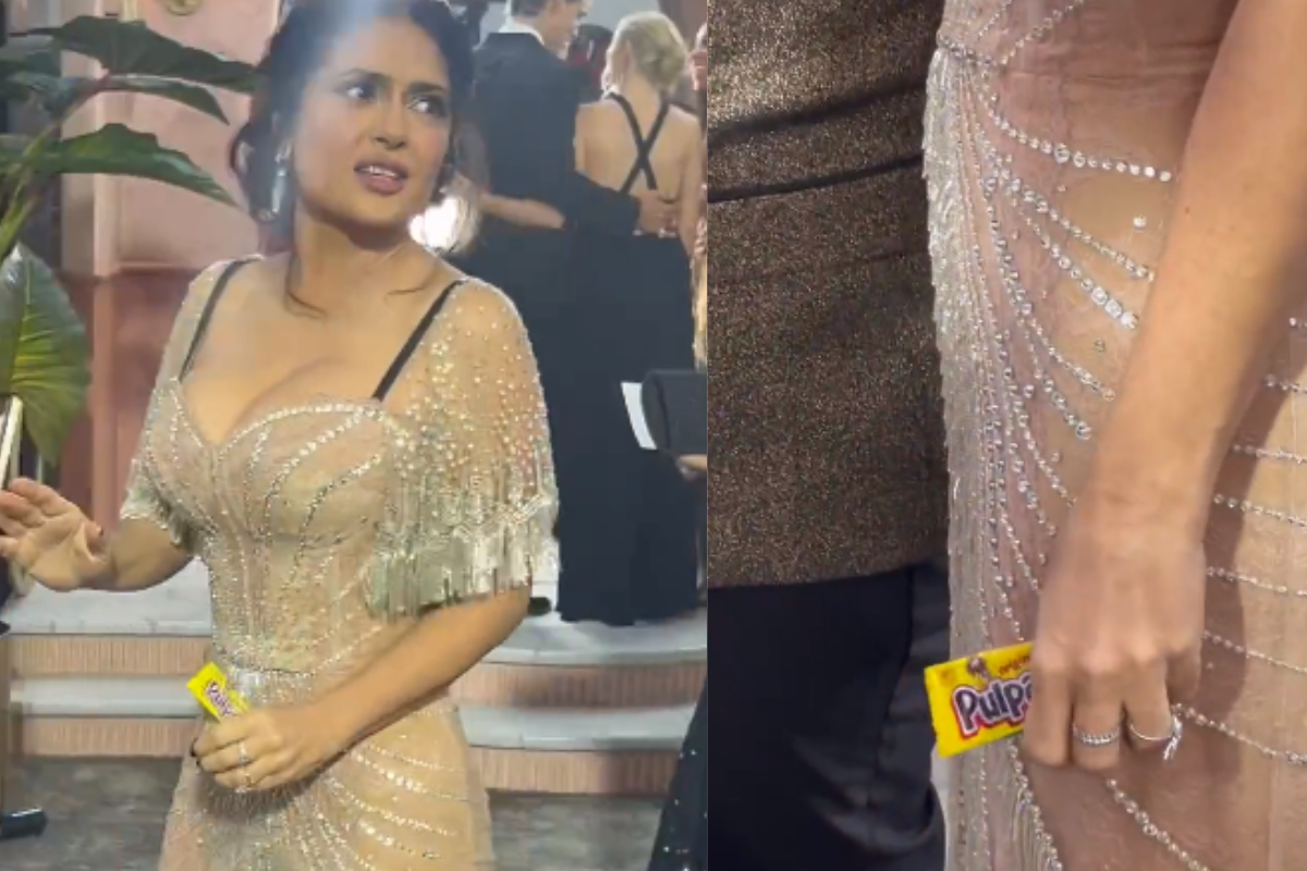 Foto:Captura de pantalla|¡No podían faltar! Salma Hayek sorprende al llevar pulparindo y mazapán a los Globos de Oro