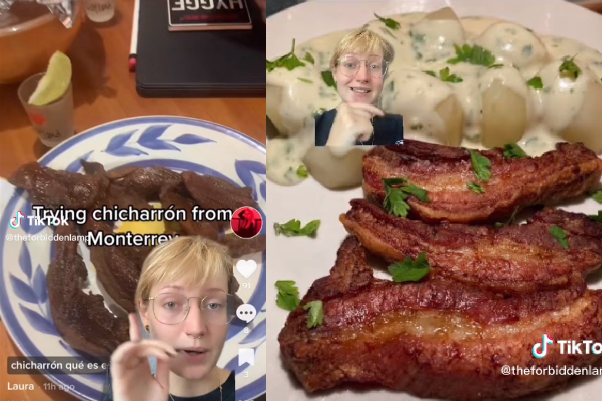 Joven danesa prueba el chicharrón de cerdo de Monterrey, y queda fascinada ya que en su país es un platillo lujoso