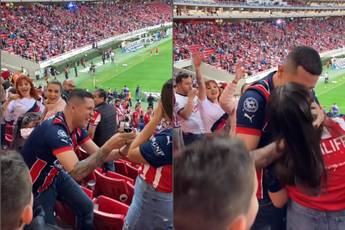 Foto:Captura de pantalla|¡Viva el amor! Aficionado de las Chivas le pide matrimonio a su pareja en el Akron