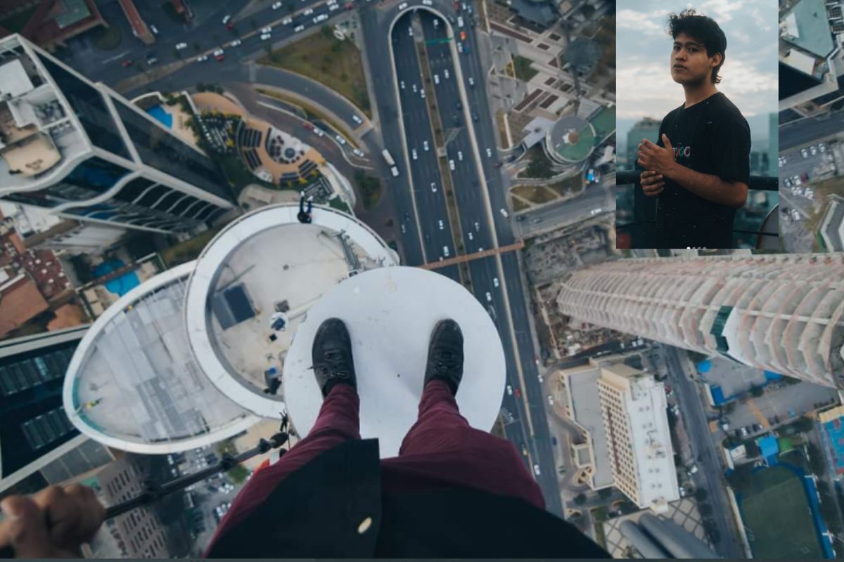 Joven se sube hasta la punta de la antena del Metropolitan Center, Monterrey, para tomarse una selfie