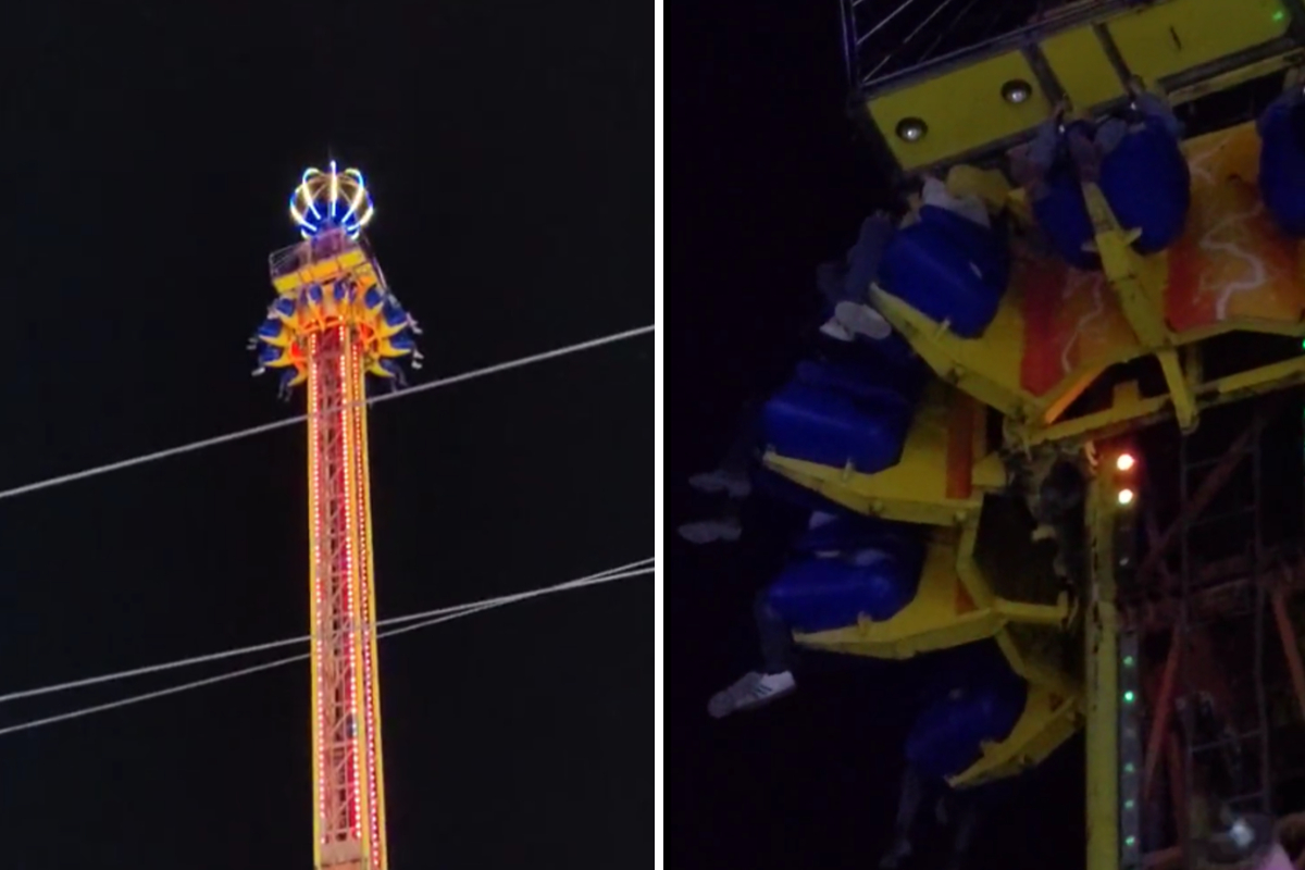 Asistentes de feria quedan atrapados en juego mecánico.