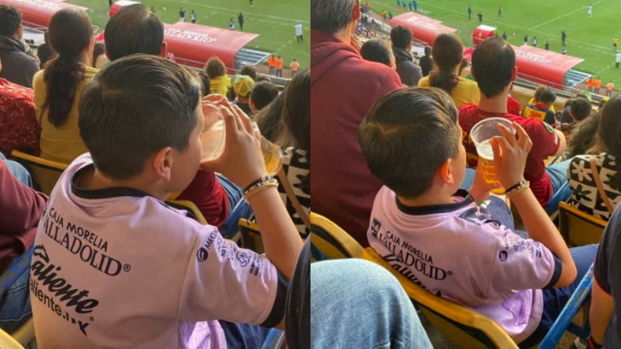 Foto:Redes sociales|¡Cachado! Niño se viraliza al ser captado tomando cerveza en un estadio