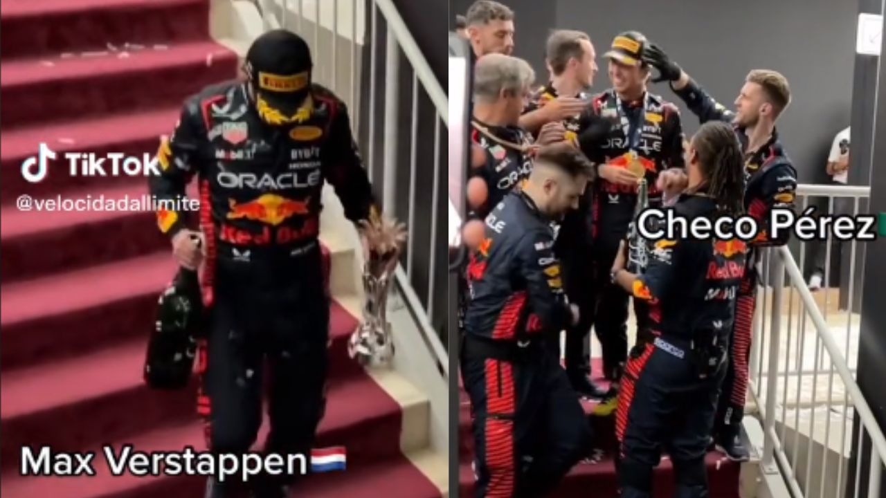 Foto:Captura de pantalla|¡Re incomodo! Equipo Red Bull ignora a Max Verstappen por celebrar a Checo Pérez