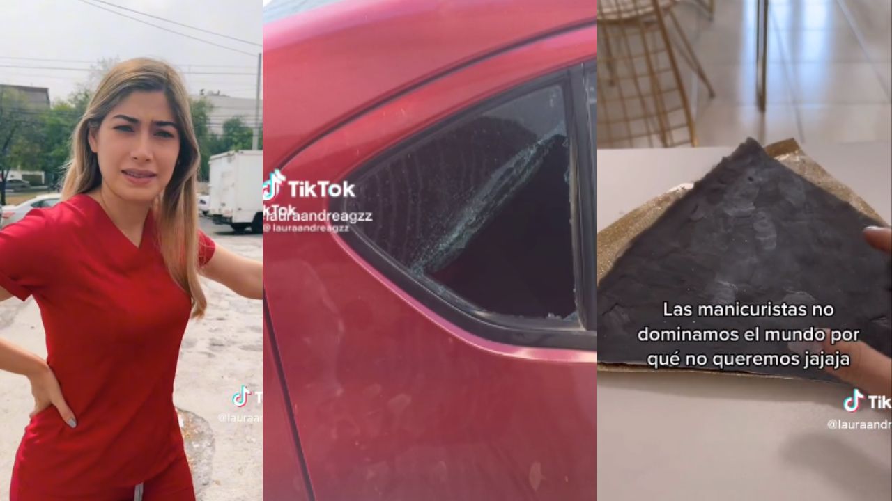 Mujer repara el vidrio roto de su auto con acrílico de uñas postizas.