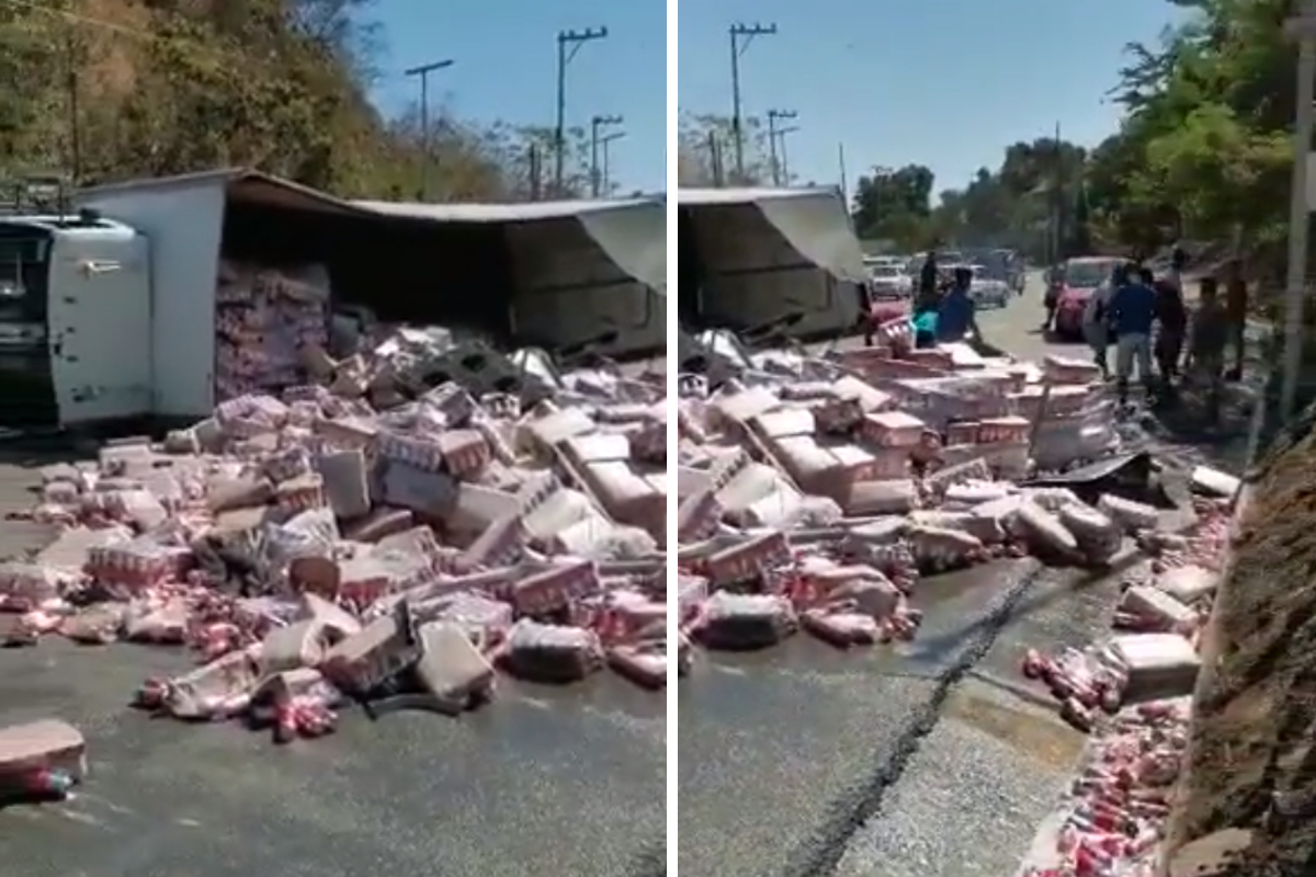 Vuelca camión con cerveza en Acapulco.