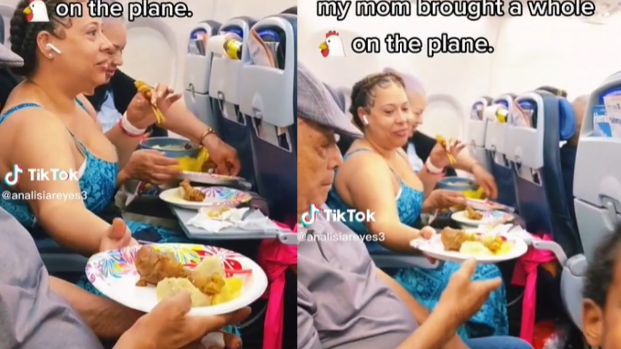 Foto:Captura de pantalla|¡Provechito! Familia se viraliza por subir cazuela con pollo a un avión