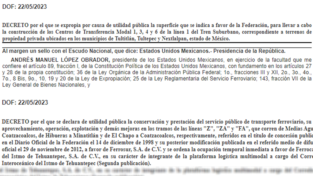 AMLO publicó este lunes dos decretos relacionados con el Tren Suburbano y los tramos tomados a Ferrosur en Veracruz.