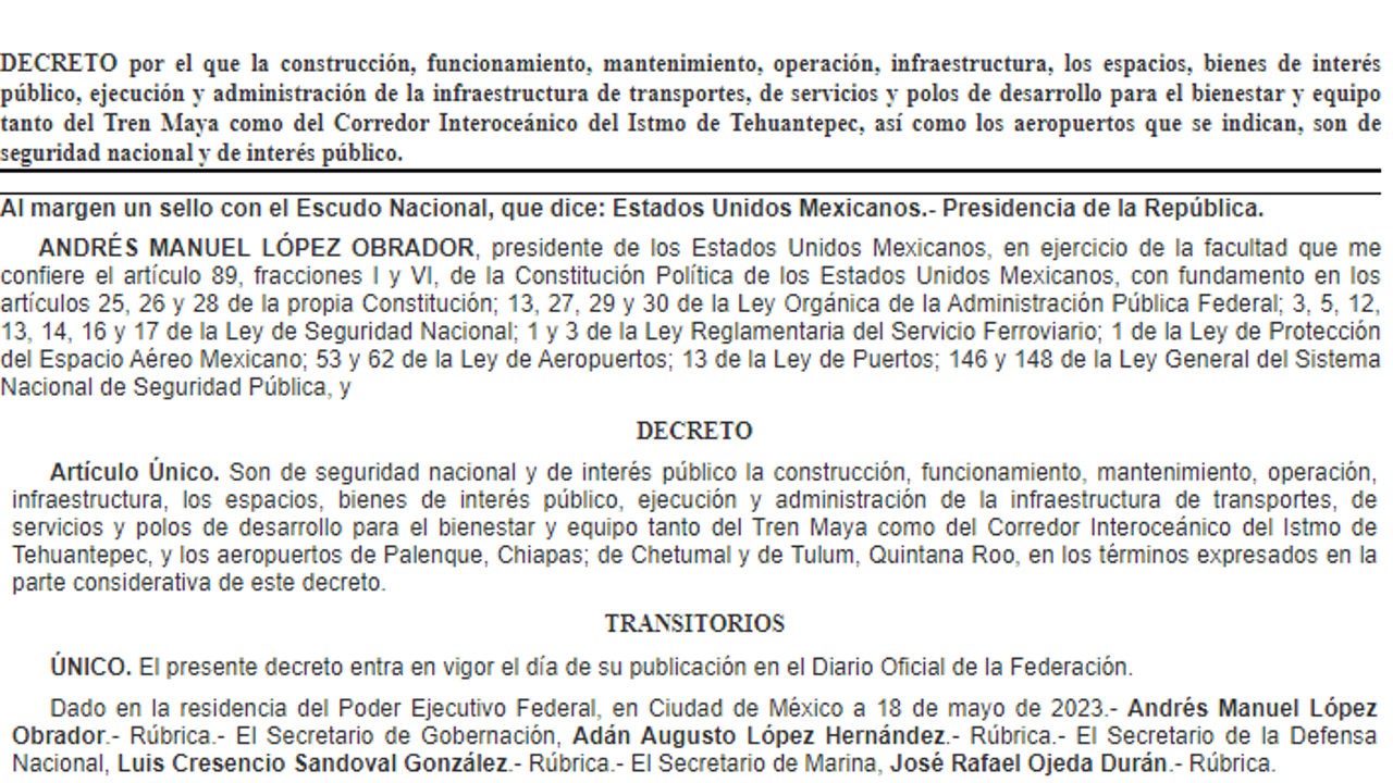 AMLO decretó este 18 de mayo que el Tren Maya, el Corredor del Istmo y dos aeropuertos son de seguridad nacional.