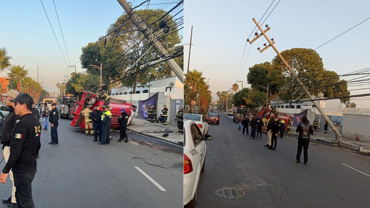 Foto: Especial | En la alcaldía Tláhuac, una pipa chocó contra un poste, lo que provocó que se volcara.