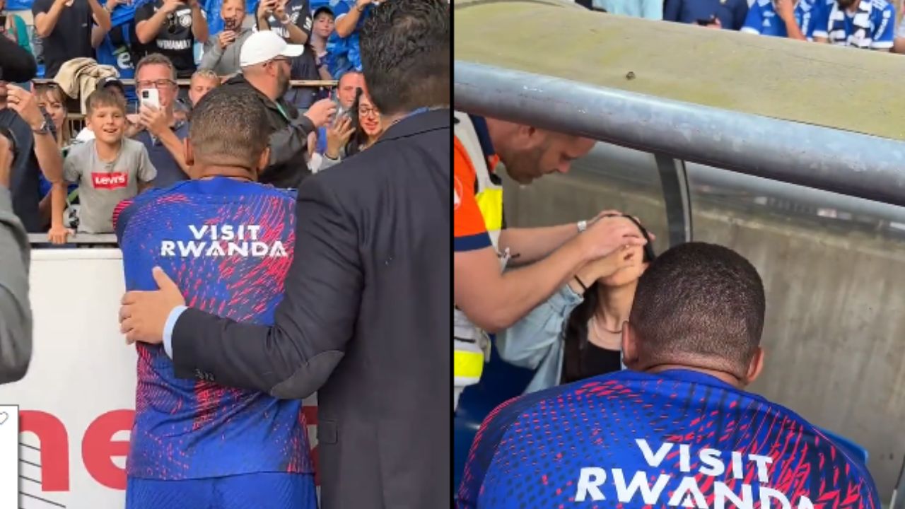 Foto:Captura de pantalla|¡Grande! Mbappé da balonazo accidental a una fan; recibe atención médica