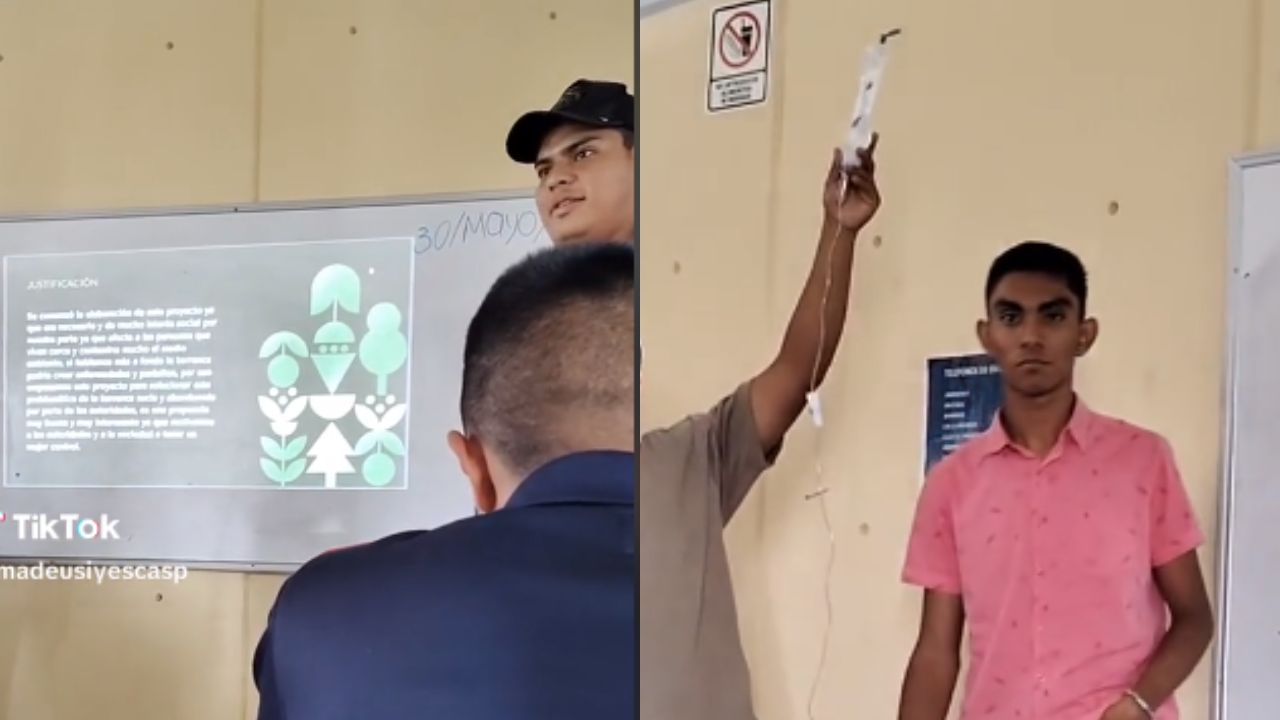 Foto:Captura de pantalla|¿Warrior? Con suero en mano, estudiante expone; se viraliza