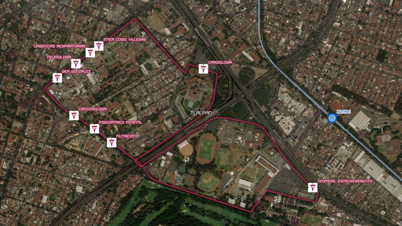 Mapa de la zona de hospitales en la alcaldía Tlalpan