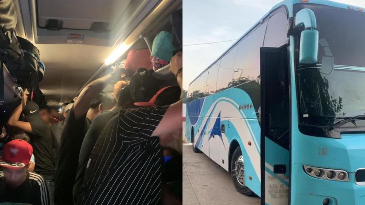 Localizan y rescatan a 126 migrantes hacinados en un autobús turístico en Veracruz.