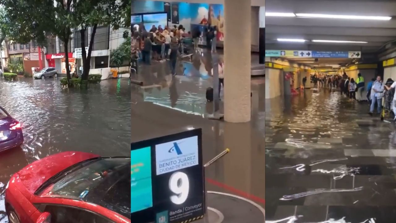 Lluvias generan encharcamientos en el AICM, Metro e Insurgentes Sur.